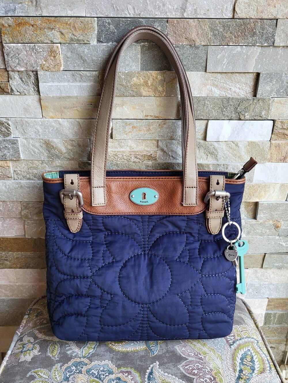 Fossil Navy Quilted Key-per Tote with Leather Trim